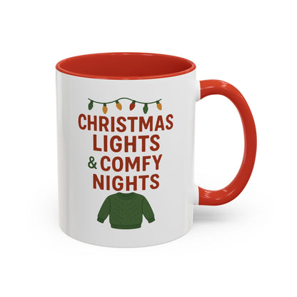Christmas Lights & Comfy Nights Accent Coffee Mug — Holiday Cozy Sweater Tea Cup