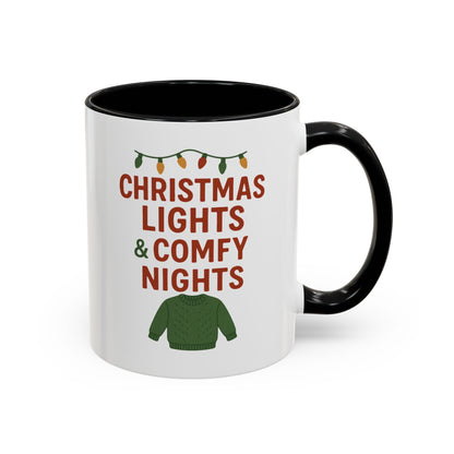 Christmas Lights & Comfy Nights Accent Coffee Mug — Holiday Cozy Sweater Tea Cup