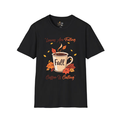 Fall-themed Unisex Softstyle T-Shirt, Cozy Autumn Top, Gift for Coffee Lovers, Seasonal Apparel, Perfect for Thanksgiving