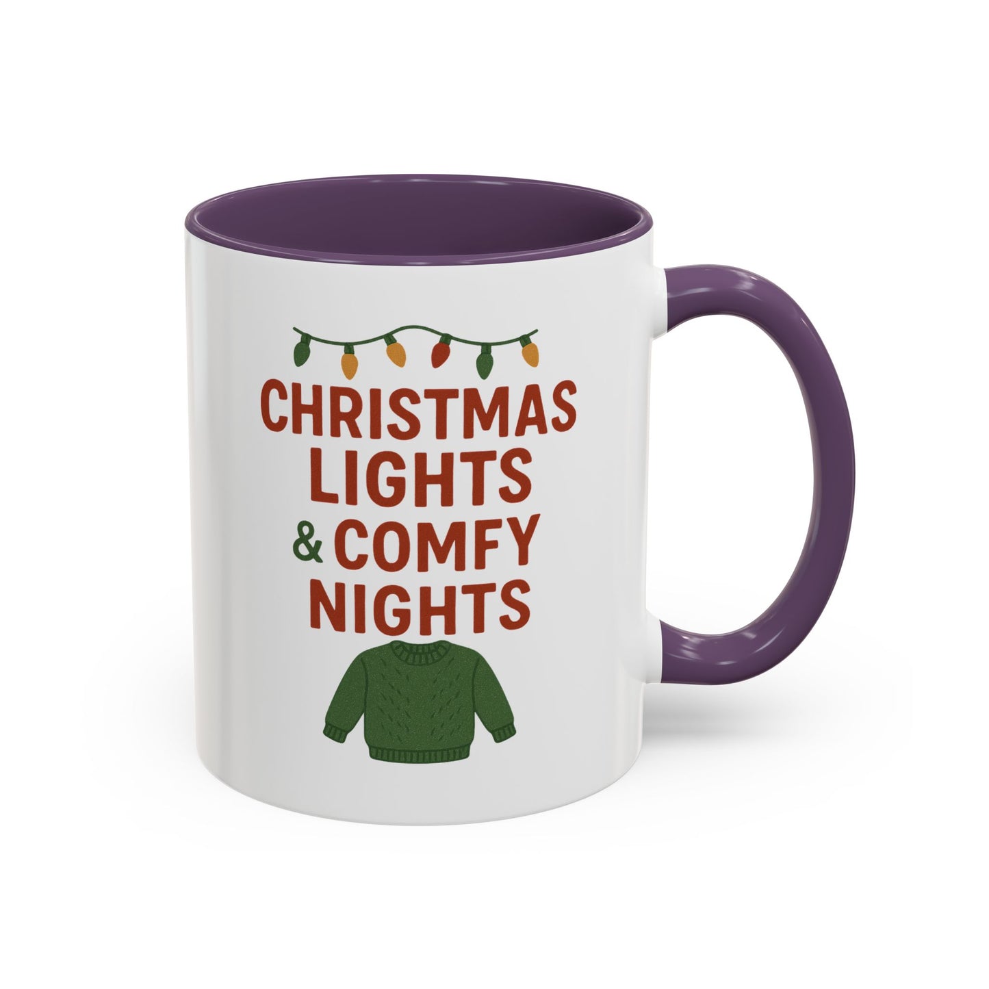 Christmas Lights & Comfy Nights Accent Coffee Mug — Holiday Cozy Sweater Tea Cup