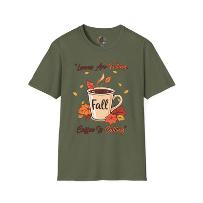 Fall-themed Unisex Softstyle T-Shirt, Cozy Autumn Top, Gift for Coffee Lovers, Seasonal Apparel, Perfect for Thanksgiving