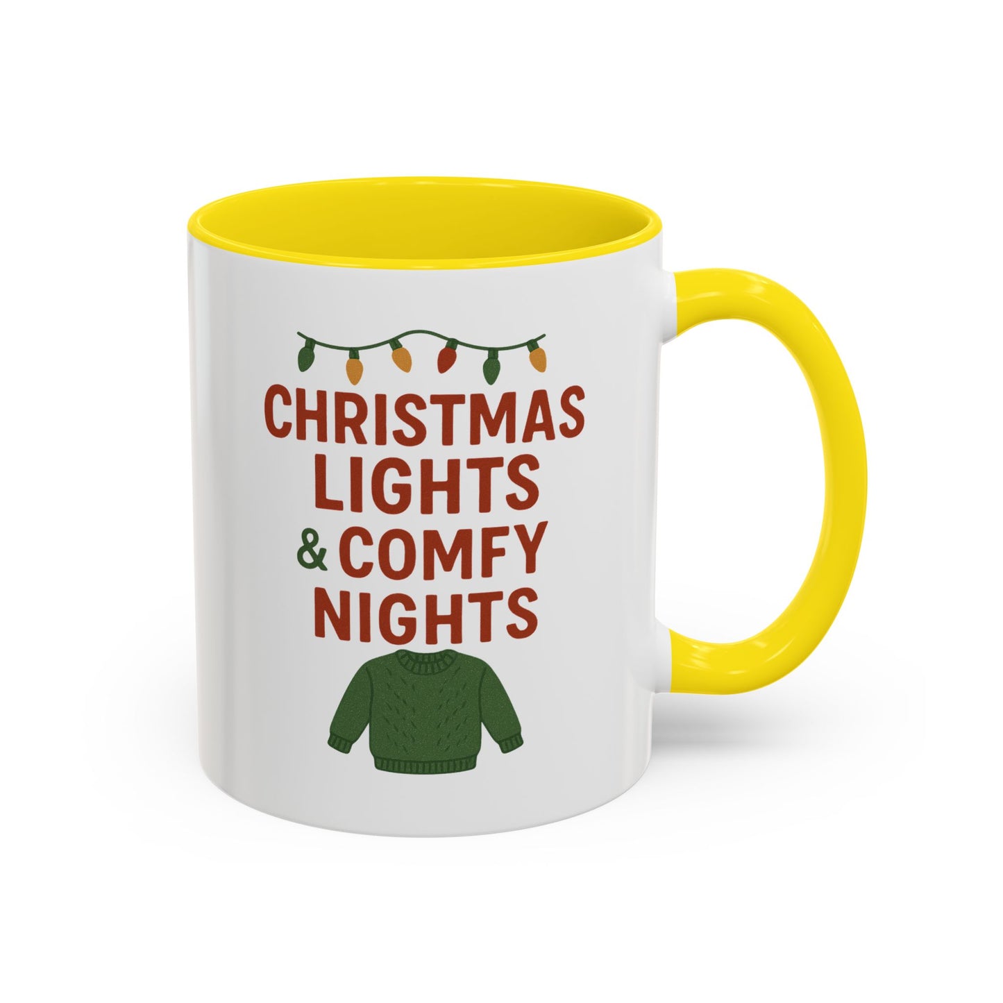 Christmas Lights & Comfy Nights Accent Coffee Mug — Holiday Cozy Sweater Tea Cup