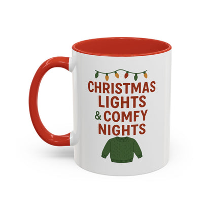 Christmas Lights & Comfy Nights Accent Coffee Mug — Holiday Cozy Sweater Tea Cup