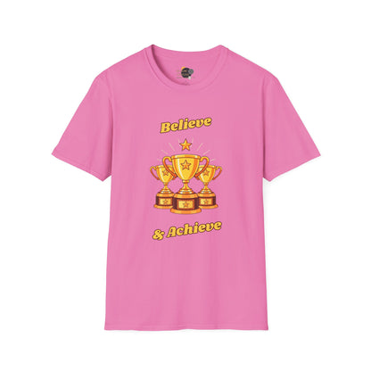 Believe & Achieve Motivational T-Shirt, Unisex Casual Tee, Perfect for Achievers, Gift for Graduations, Sports Events, or Daily Inspiration