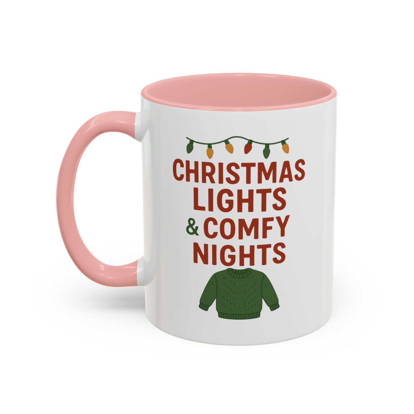Christmas Lights & Comfy Nights Accent Coffee Mug — Holiday Cozy Sweater Tea Cup