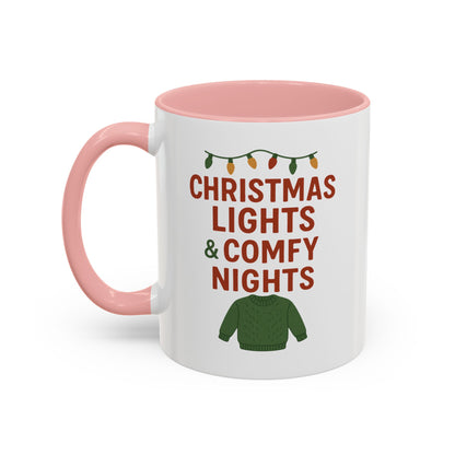 Christmas Lights & Comfy Nights Accent Coffee Mug — Holiday Cozy Sweater Tea Cup