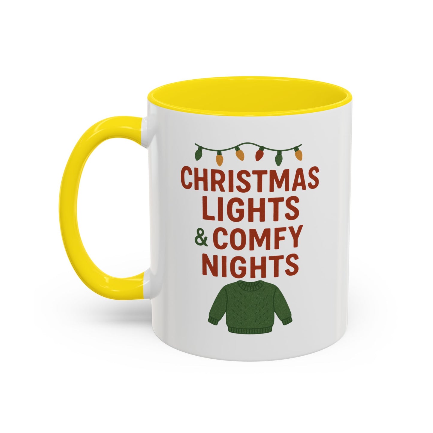 Christmas Lights & Comfy Nights Accent Coffee Mug — Holiday Cozy Sweater Tea Cup