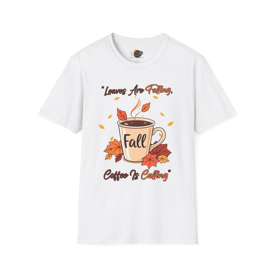Fall-themed Unisex Softstyle T-Shirt, Cozy Autumn Top, Gift for Coffee Lovers, Seasonal Apparel, Perfect for Thanksgiving