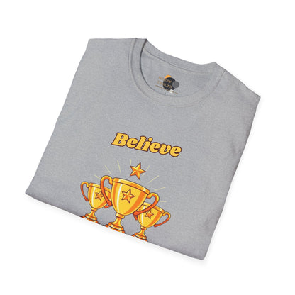 Believe & Achieve Motivational T-Shirt, Unisex Casual Tee, Perfect for Achievers, Gift for Graduations, Sports Events, or Daily Inspiration
