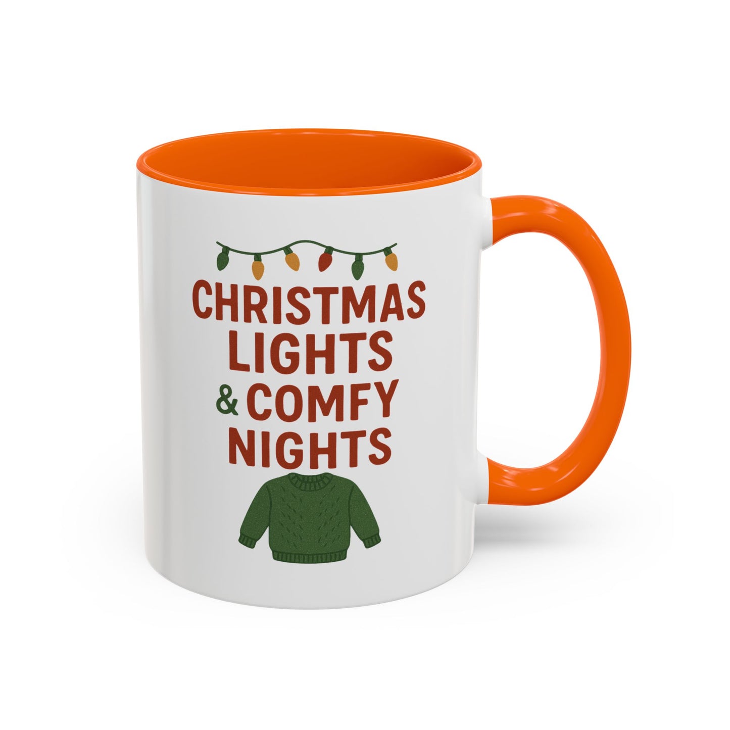 Christmas Lights & Comfy Nights Accent Coffee Mug — Holiday Cozy Sweater Tea Cup