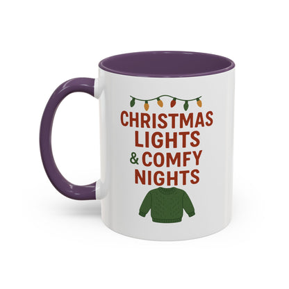 Christmas Lights & Comfy Nights Accent Coffee Mug — Holiday Cozy Sweater Tea Cup
