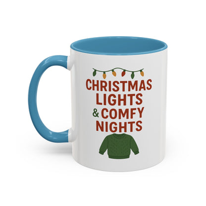 Christmas Lights & Comfy Nights Accent Coffee Mug — Holiday Cozy Sweater Tea Cup