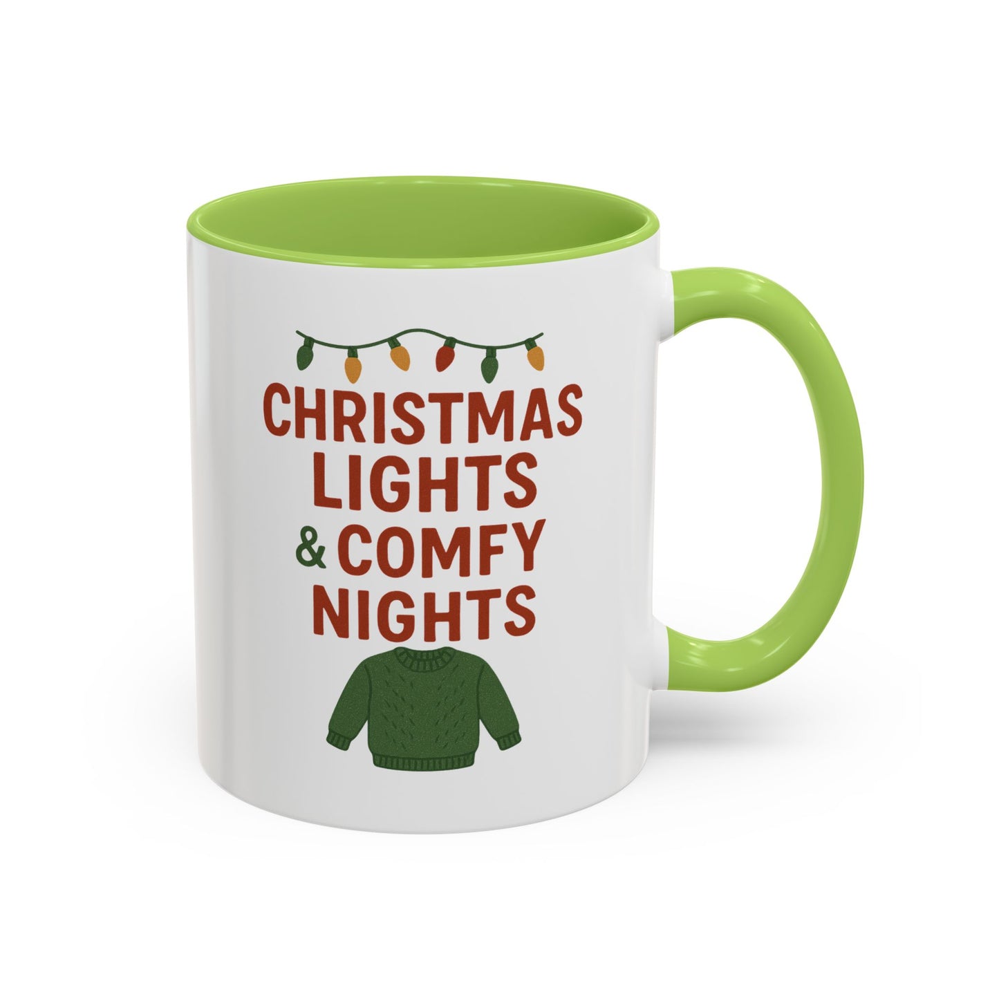 Christmas Lights & Comfy Nights Accent Coffee Mug — Holiday Cozy Sweater Tea Cup