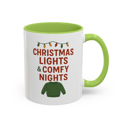 Christmas Lights & Comfy Nights Accent Coffee Mug — Holiday Cozy Sweater Tea Cup
