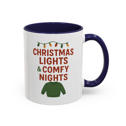 Christmas Lights & Comfy Nights Accent Coffee Mug — Holiday Cozy Sweater Tea Cup