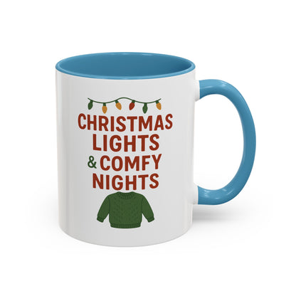 Christmas Lights & Comfy Nights Accent Coffee Mug — Holiday Cozy Sweater Tea Cup
