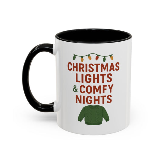 Christmas Lights & Comfy Nights Accent Coffee Mug — Holiday Cozy Sweater Tea Cup