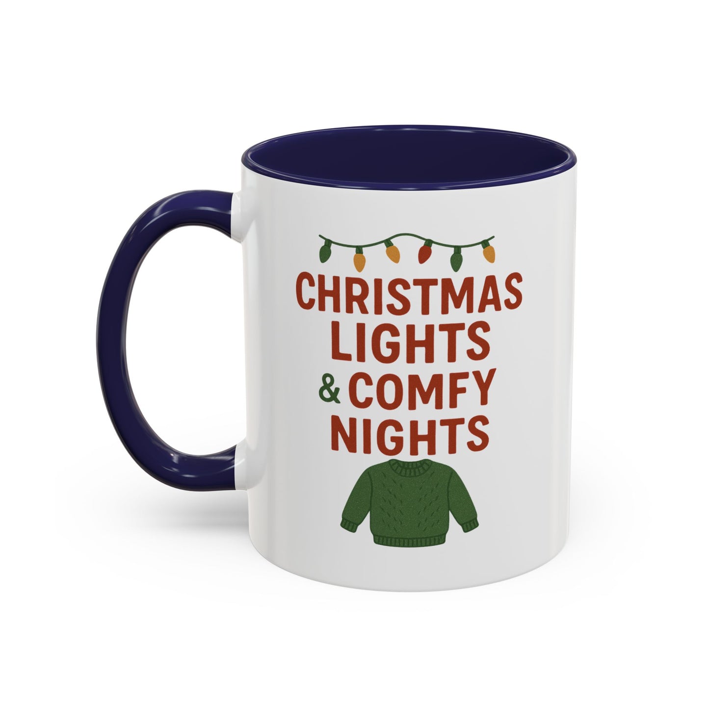 Christmas Lights & Comfy Nights Accent Coffee Mug — Holiday Cozy Sweater Tea Cup
