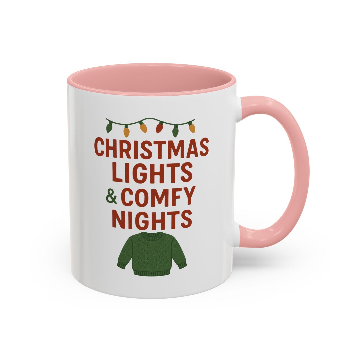Christmas Lights & Comfy Nights Accent Coffee Mug — Holiday Cozy Sweater Tea Cup