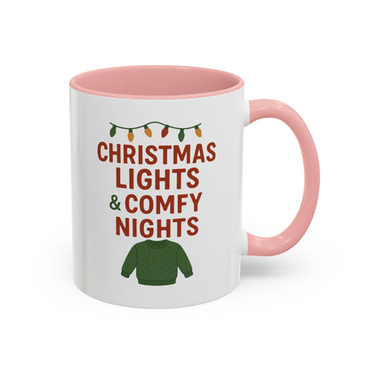 Christmas Lights & Comfy Nights Accent Coffee Mug — Holiday Cozy Sweater Tea Cup