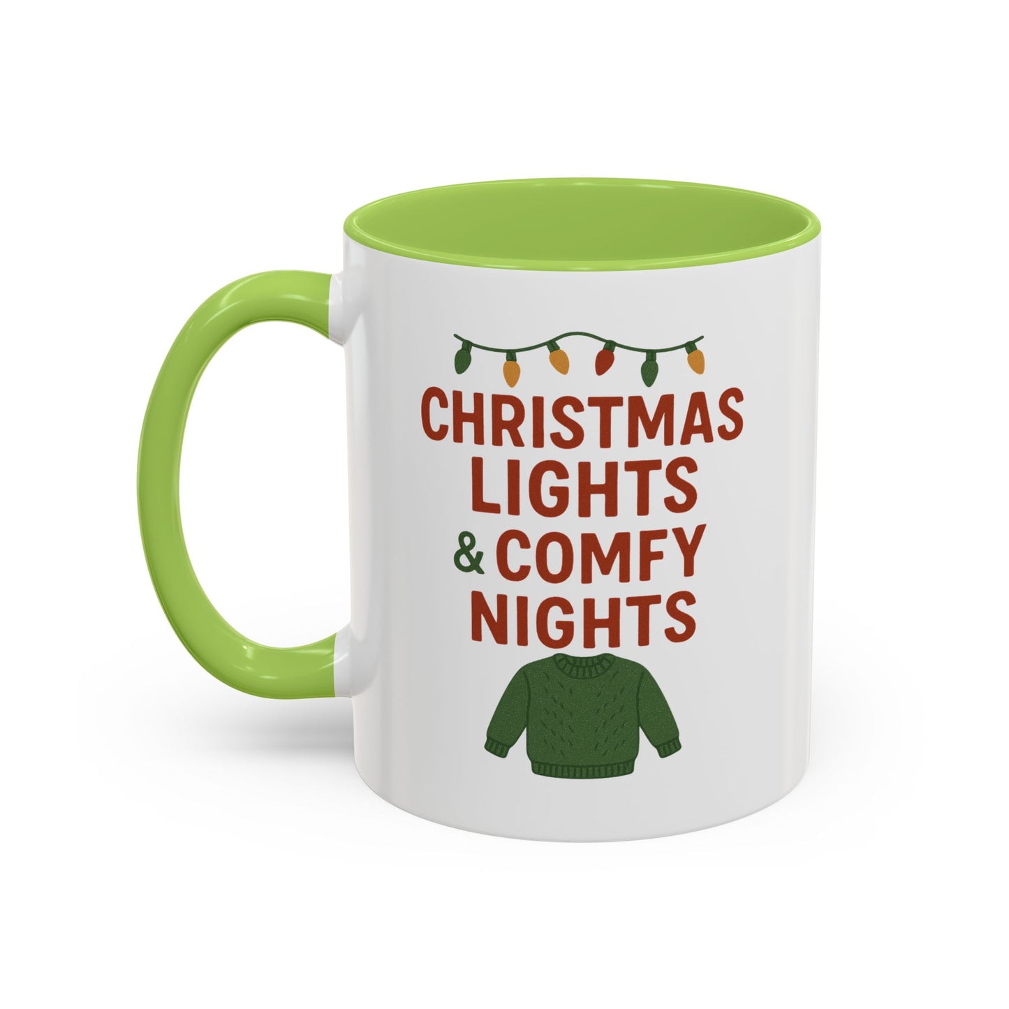 Christmas Lights & Comfy Nights Accent Coffee Mug — Holiday Cozy Sweater Tea Cup