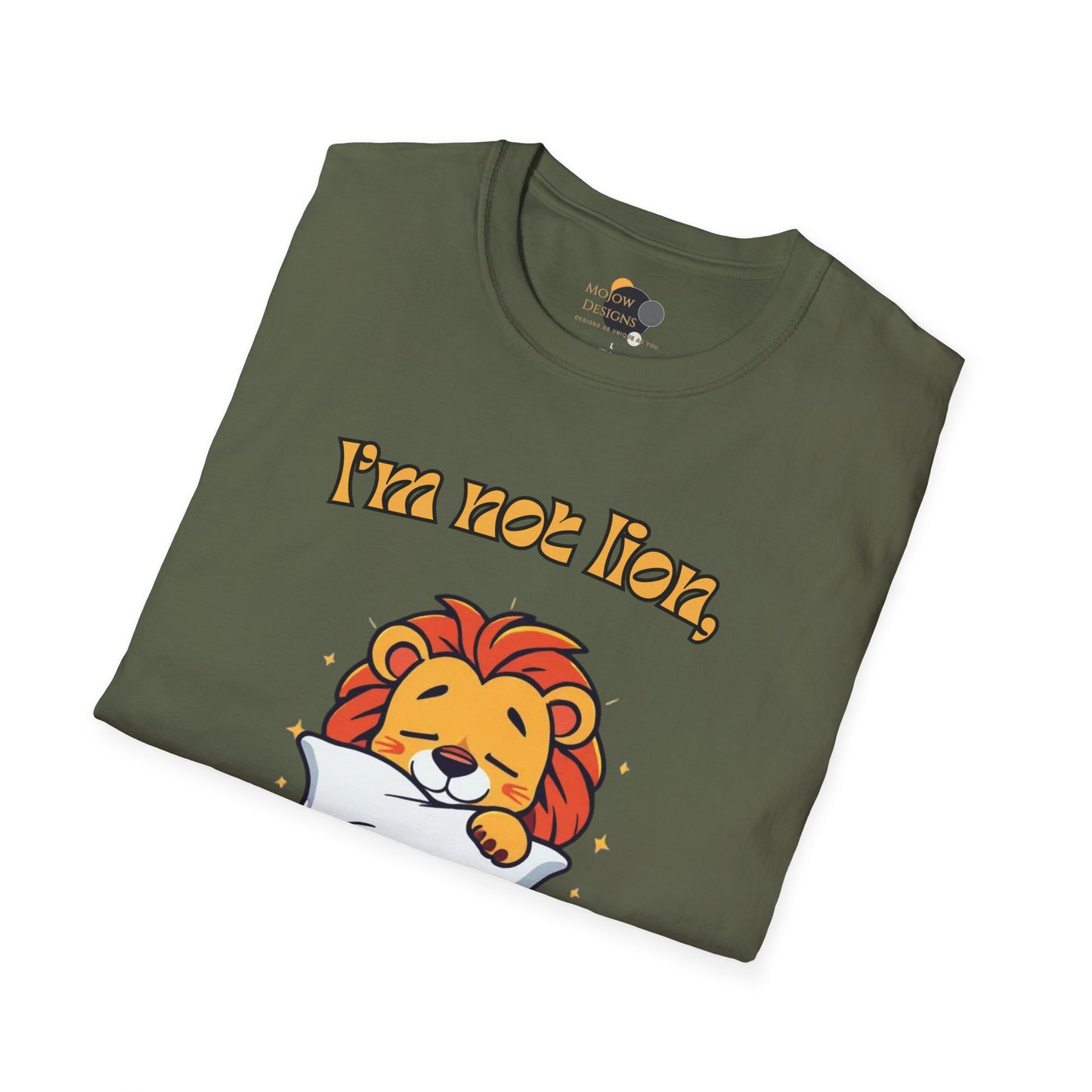 Cute Lion Nap T-Shirt, Funny Animal Tee, Nap Lover Shirt, Relaxation Attire Folded Military Green
