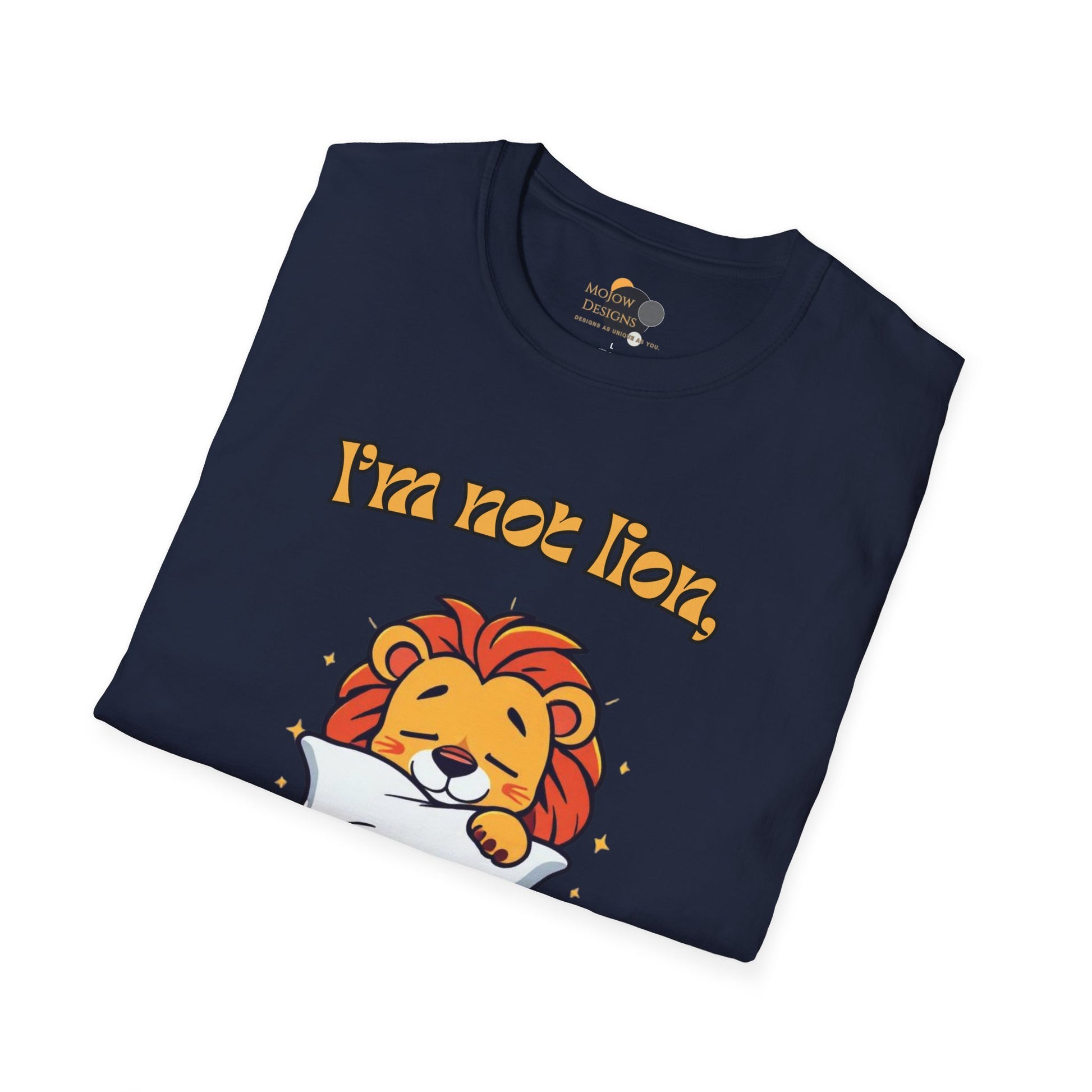 Cute Lion Nap T-Shirt, Funny Animal Tee, Nap Lover Shirt, Relaxation Attire Folded Navy