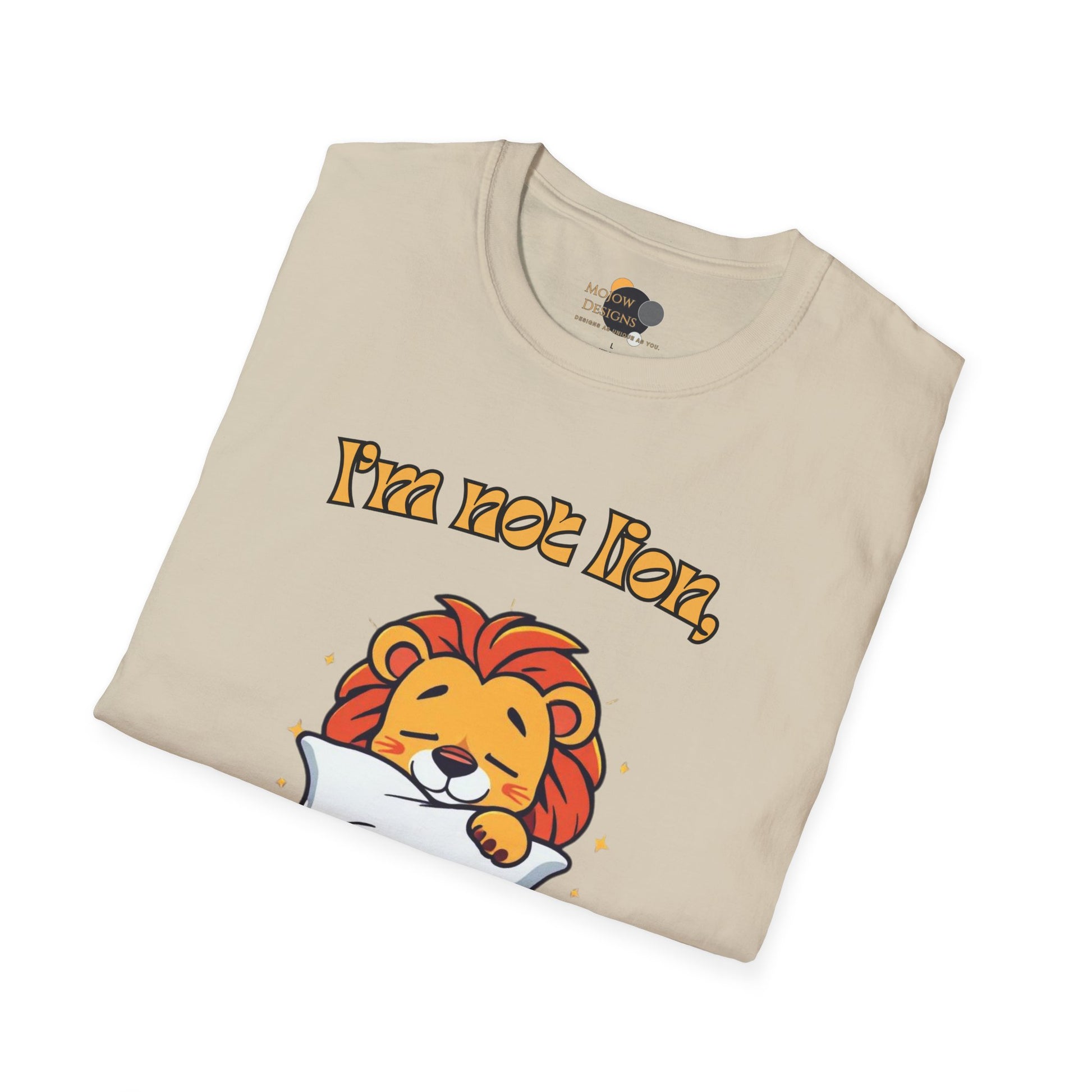 Cute Lion Nap T-Shirt, Funny Animal Tee, Nap Lover Shirt, Relaxation Attire Folded Sand