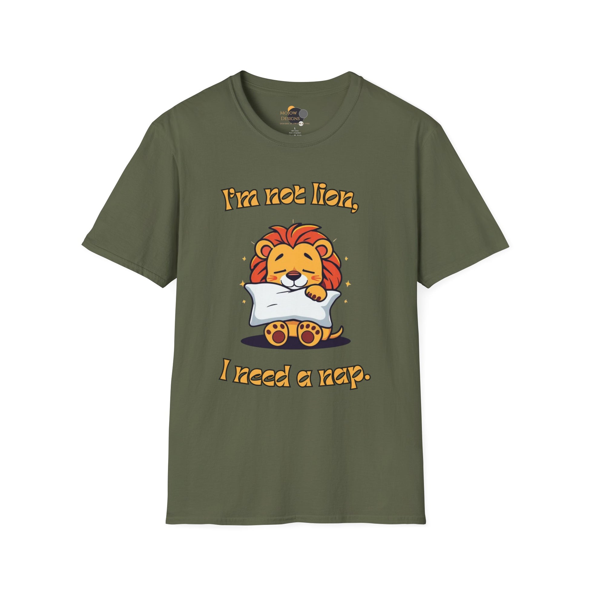 Cute Lion Nap T-Shirt, Funny Animal Tee, Nap Lover Shirt, Relaxation Attire Front Military Green