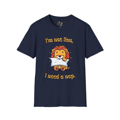 Cute Lion Nap T-Shirt, Funny Animal Tee, Nap Lover Shirt, Relaxation Attire Front Navy
