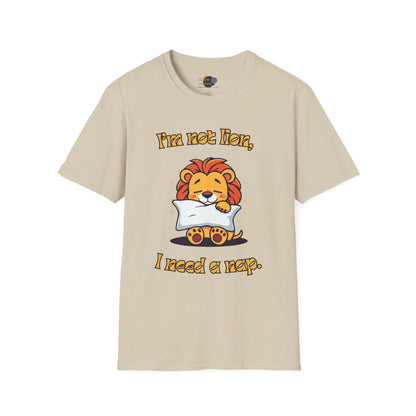 Cute Lion Nap T-Shirt, Funny Animal Tee, Nap Lover Shirt, Relaxation Attire Front Sand