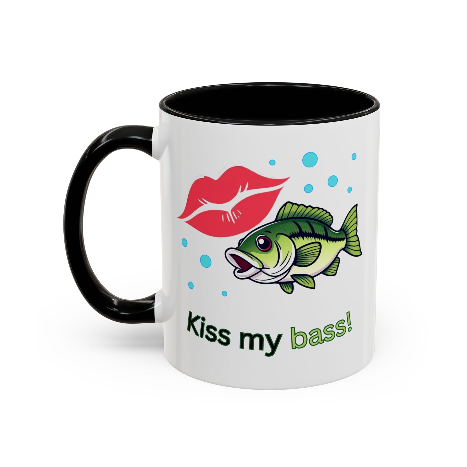 Funny Fishing Mug, Kiss My Bass Coffee Cup, Great for Anglers, Unique Gift for Dad, Humorous Fishing Lover Present, 11oz Front Black