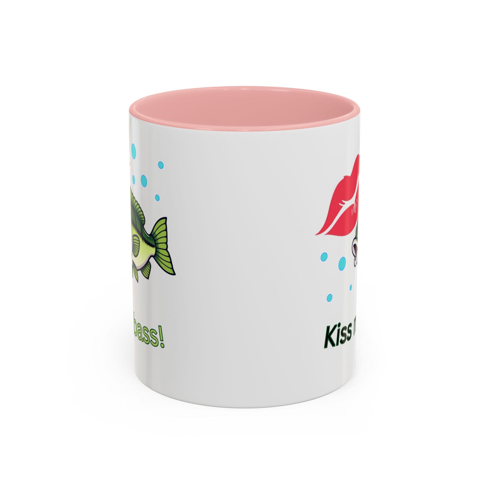 Funny Fishing Mug, Kiss My Bass Coffee Cup, Great for Anglers, Unique Gift for Dad, Humorous Fishing Lover Present, 11oz Side Pink