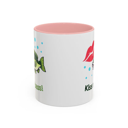 Funny Fishing Mug, Kiss My Bass Coffee Cup, Great for Anglers, Unique Gift for Dad, Humorous Fishing Lover Present, 11oz Side Pink