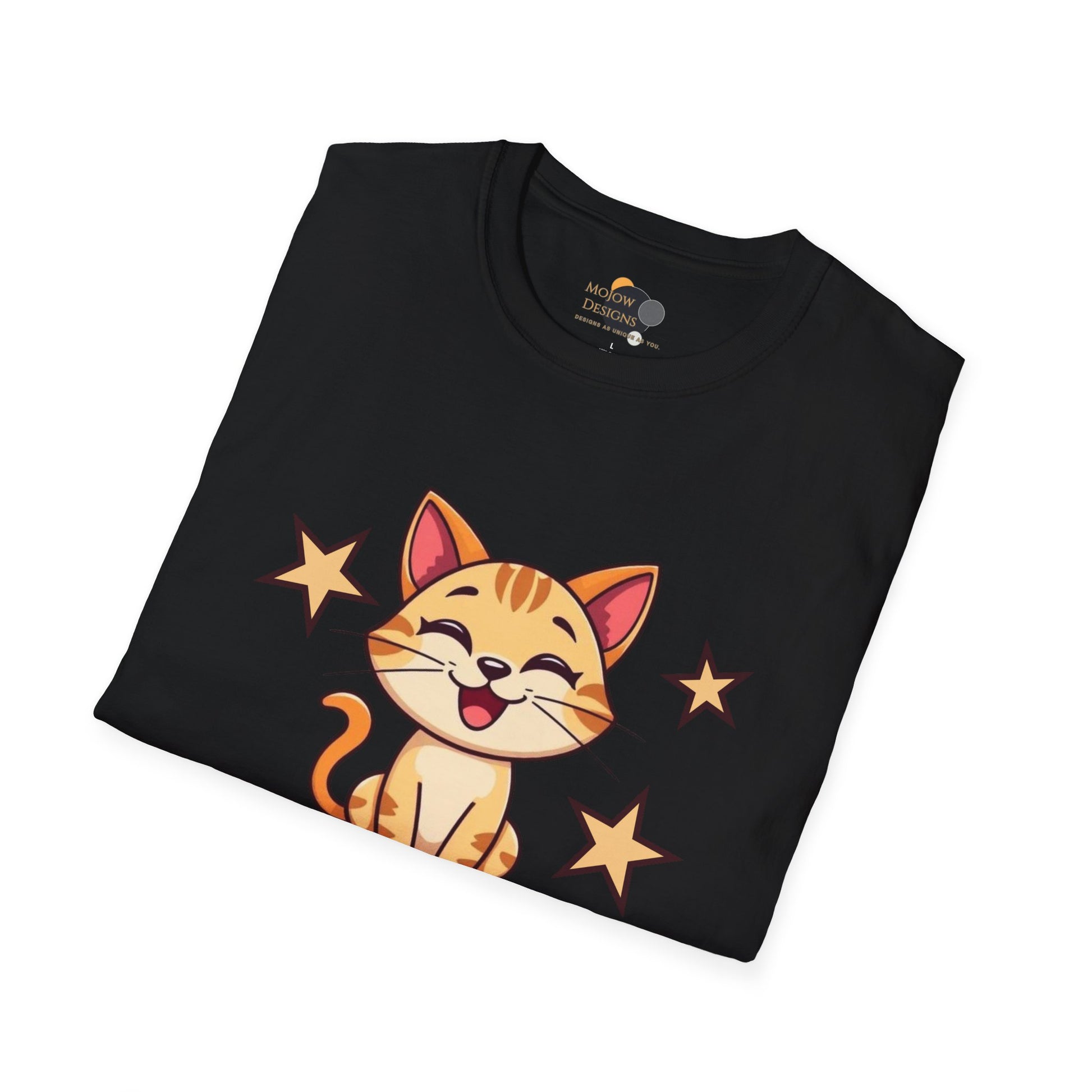 Happy Cat T-Shirt | Fun Unisex Tee | Cute Gift for Cat Lovers | Feline Good Today Shirt | Casual Wear & Birthday Gift Folded Black