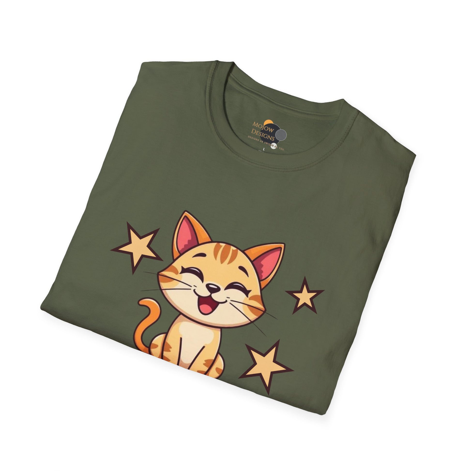 Happy Cat T-Shirt | Fun Unisex Tee | Cute Gift for Cat Lovers | Feline Good Today Shirt | Casual Wear & Birthday Gift Folded Military Green