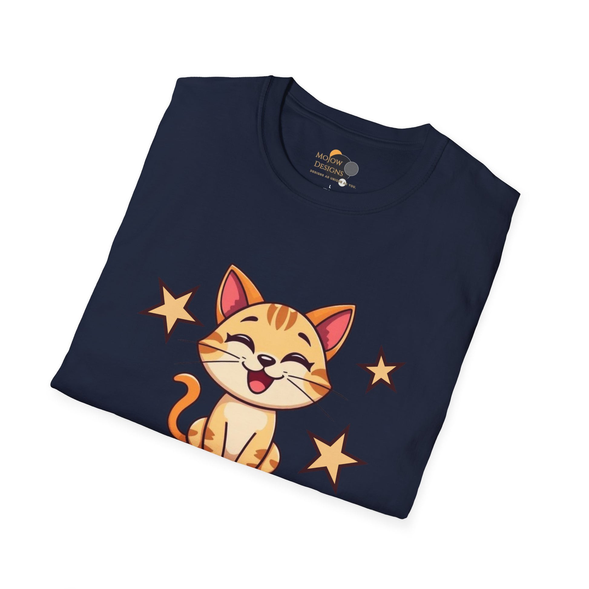 Happy Cat T-Shirt | Fun Unisex Tee | Cute Gift for Cat Lovers | Feline Good Today Shirt | Casual Wear & Birthday Gift Folded Navy
