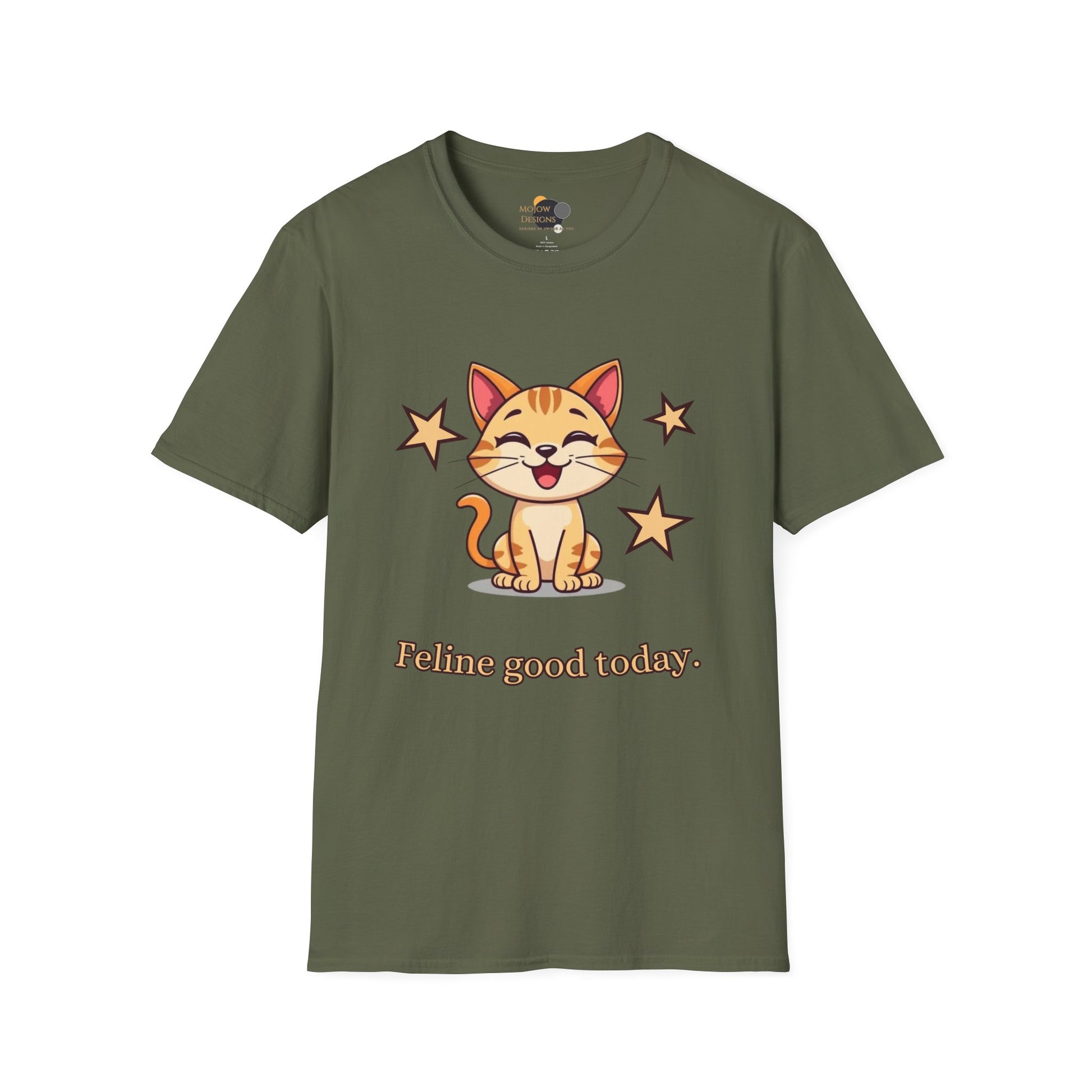 Happy Cat T-Shirt | Fun Unisex Tee | Cute Gift for Cat Lovers | Feline Good Today Shirt | Casual Wear & Birthday Gift Front Military Green