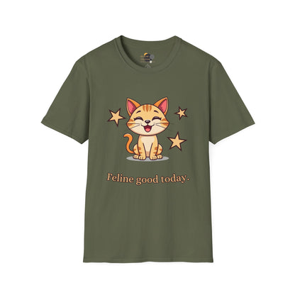 Happy Cat T-Shirt | Fun Unisex Tee | Cute Gift for Cat Lovers | Feline Good Today Shirt | Casual Wear & Birthday Gift Front Military Green