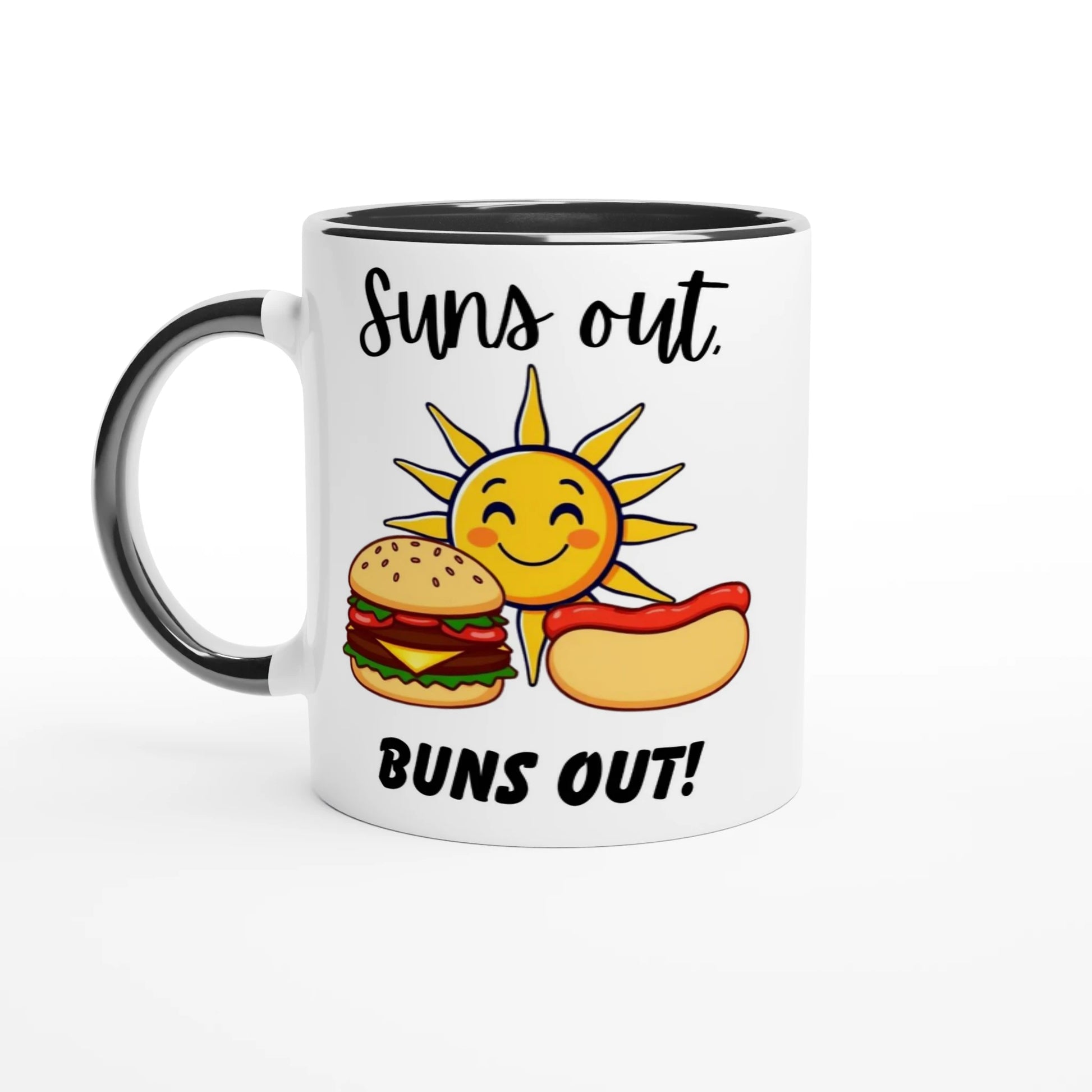 Suns out, Buns out White 11oz Ceramic Mug with Color Inside