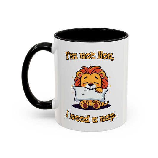 Whimsical Coffee Mug with Lion Design - Perfect for Cat Lovers, Funny Gift, Nap Enthusiast, Coffee Lovers, Cute Animal Gifts Front Black