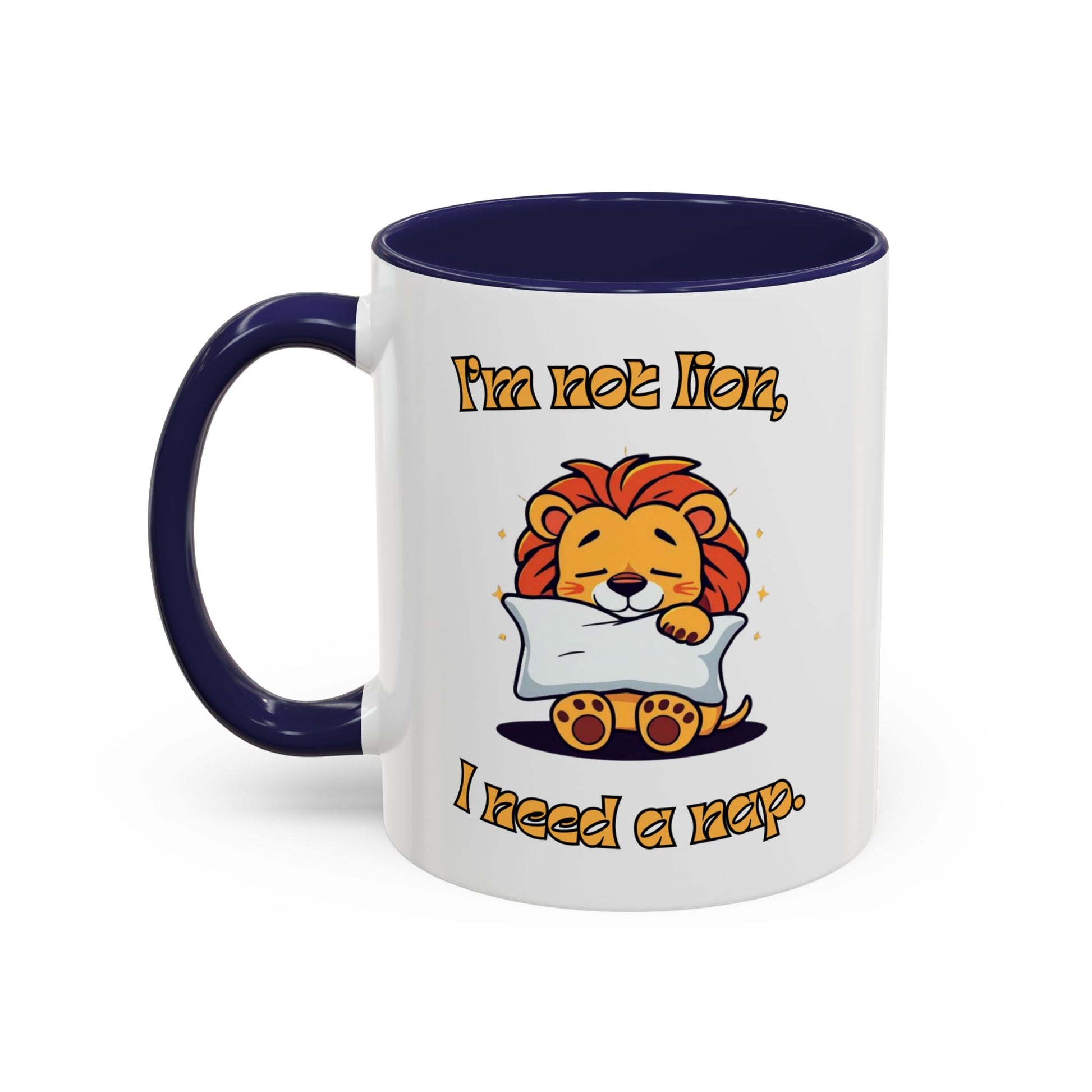 Whimsical Coffee Mug with Lion Design - Perfect for Cat Lovers, Funny Gift, Nap Enthusiast, Coffee Lovers, Cute Animal Gifts Front Navy