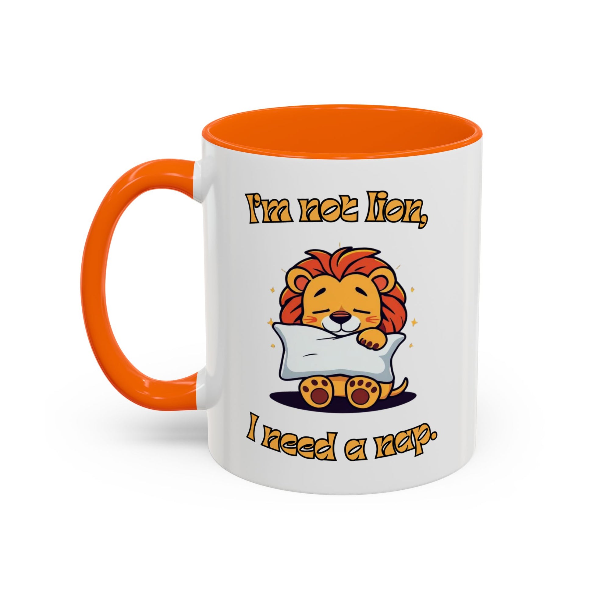 Whimsical Coffee Mug with Lion Design - Perfect for Cat Lovers, Funny Gift, Nap Enthusiast, Coffee Lovers, Cute Animal Gifts Front Orange