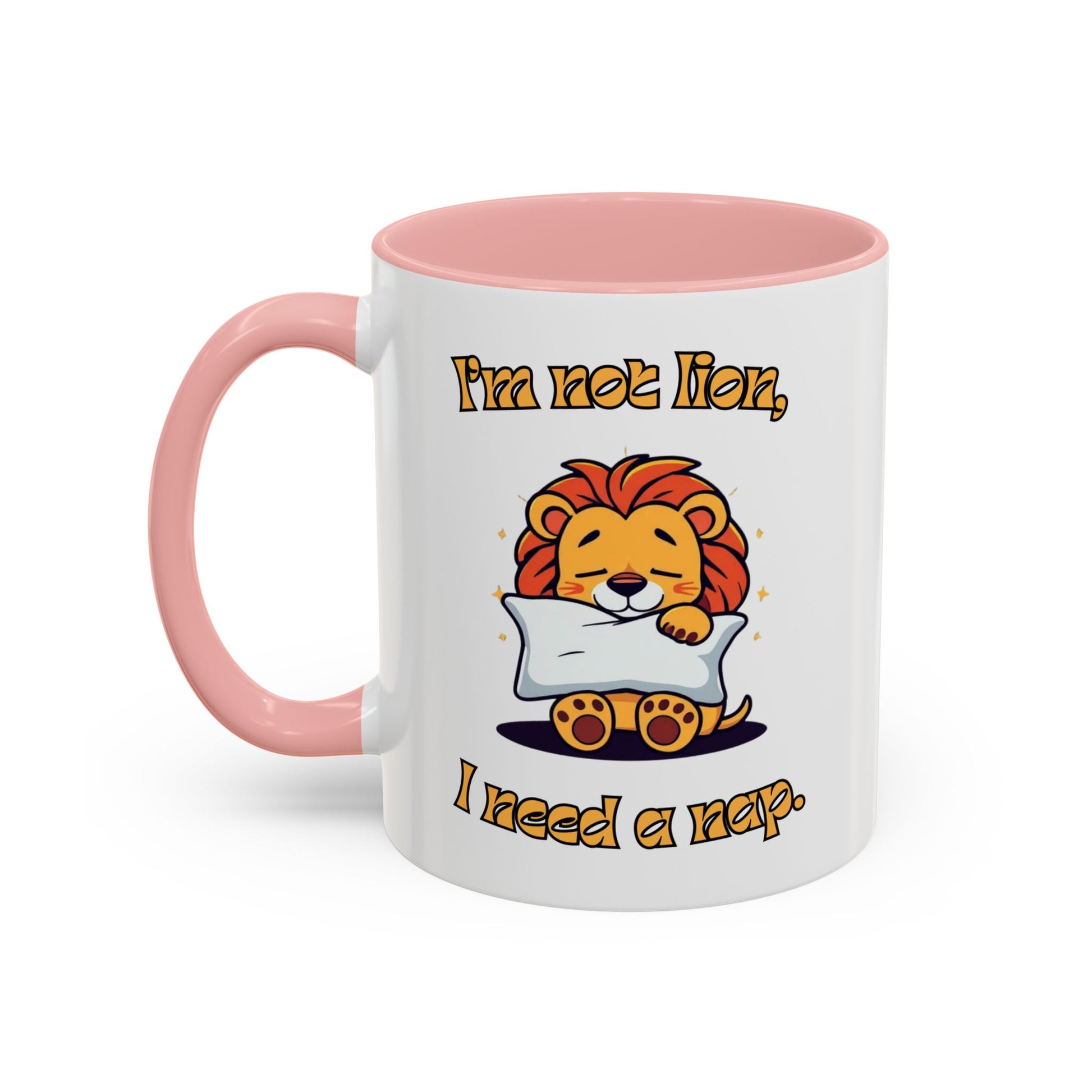Whimsical Coffee Mug with Lion Design - Perfect for Cat Lovers, Funny Gift, Nap Enthusiast, Coffee Lovers, Cute Animal Gifts Front Pink