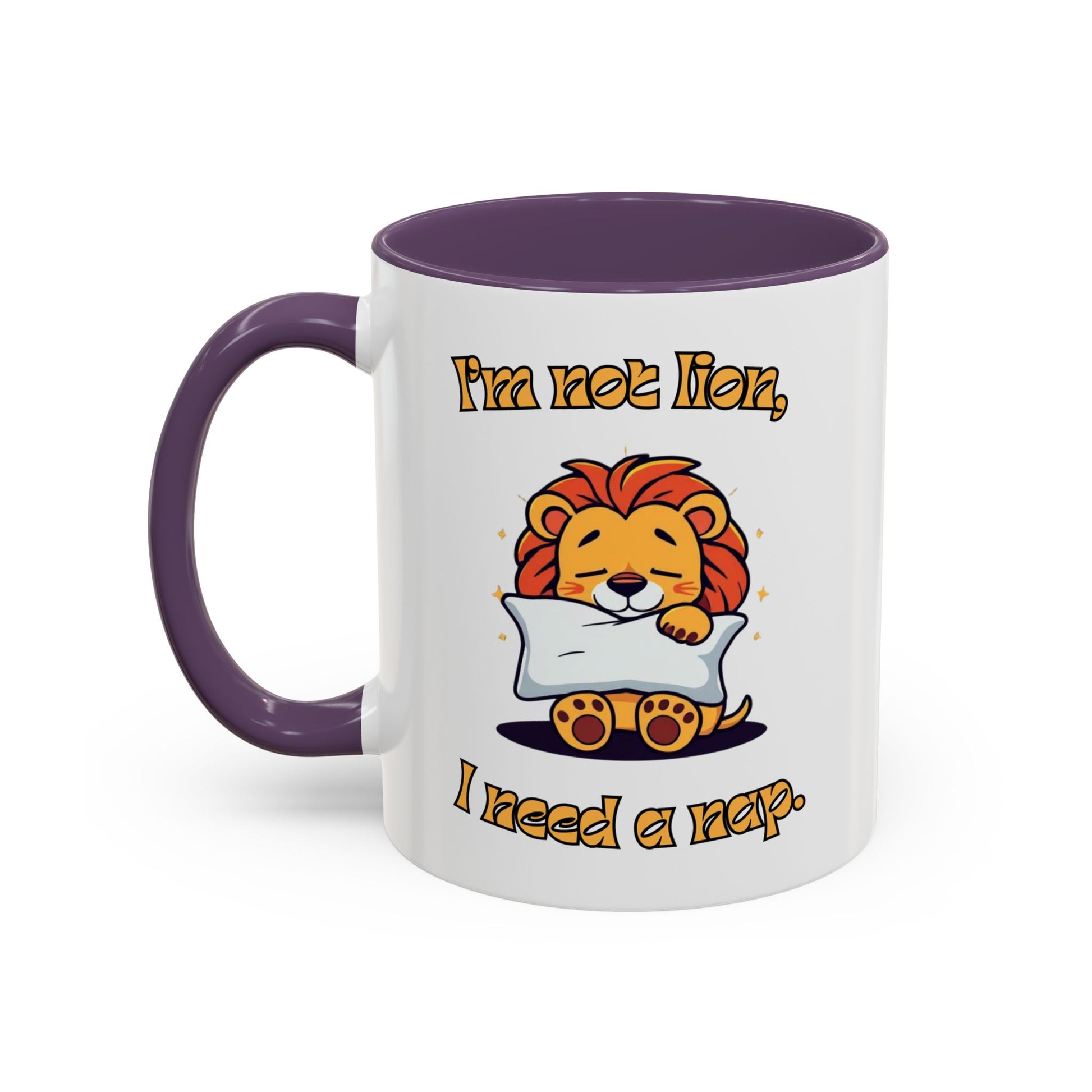 Whimsical Coffee Mug with Lion Design - Perfect for Cat Lovers, Funny Gift, Nap Enthusiast, Coffee Lovers, Cute Animal Gifts Front Purple