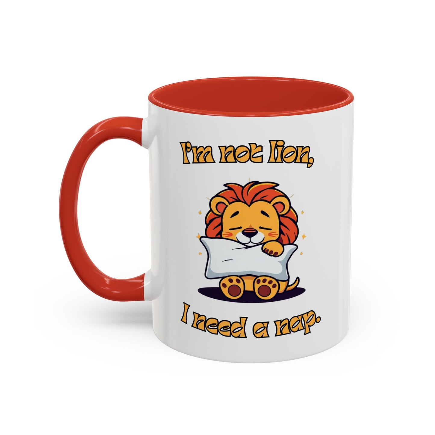 Whimsical Coffee Mug with Lion Design - Perfect for Cat Lovers, Funny Gift, Nap Enthusiast, Coffee Lovers, Cute Animal Gifts Front Red