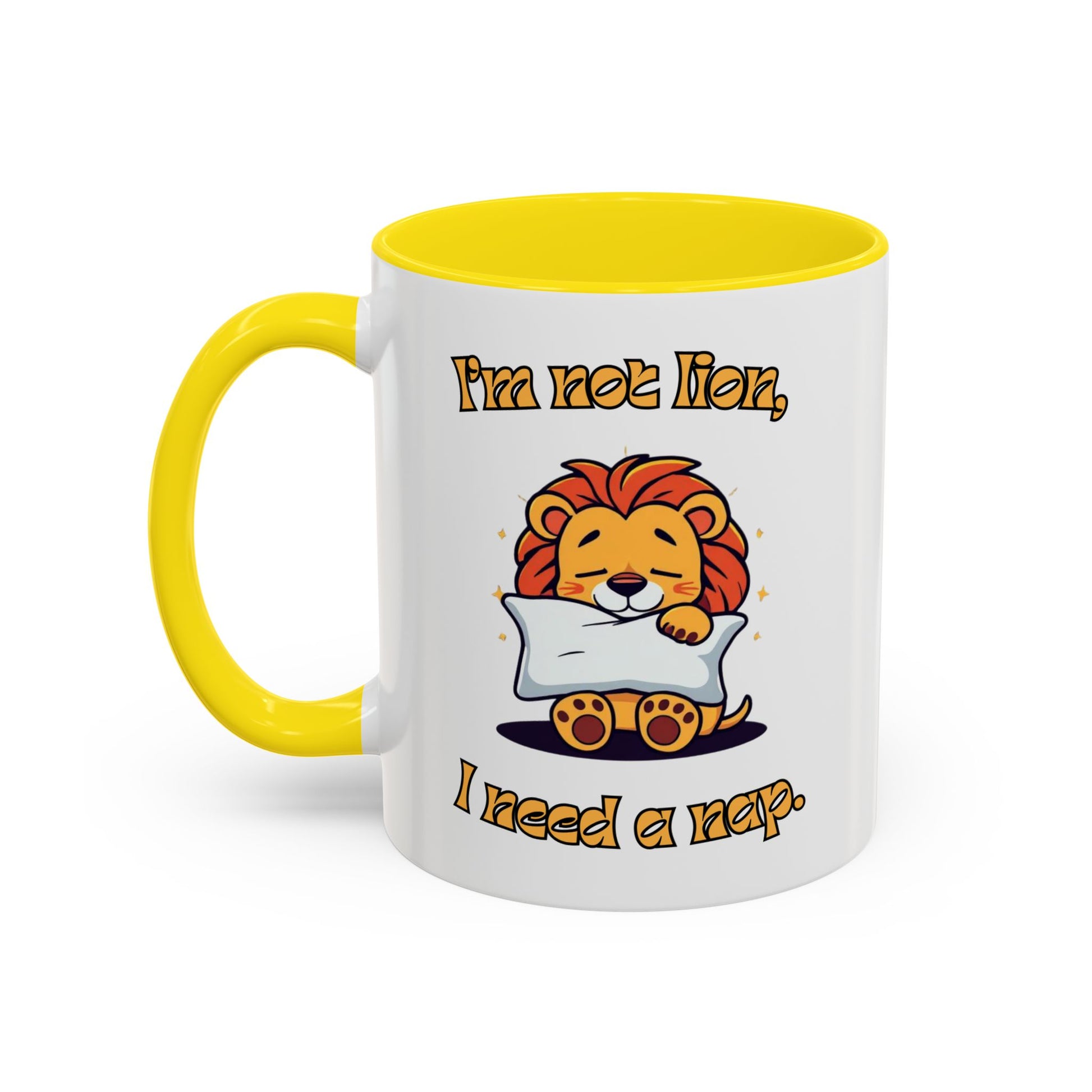 Whimsical Coffee Mug with Lion Design - Perfect for Cat Lovers, Funny Gift, Nap Enthusiast, Coffee Lovers, Cute Animal Gifts Front Yellow